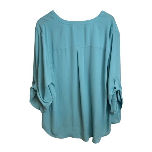 Torrid Harper Blouse Sz 3 Aqua Blue Roll Tab Sleeve V-Neck Pocket Top Plus Size - Picture 4 of 7